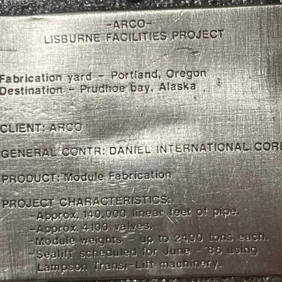 Vintage 1986 Metal Belt Buckle, Lisburne Facilities Project, Sealift, Portland